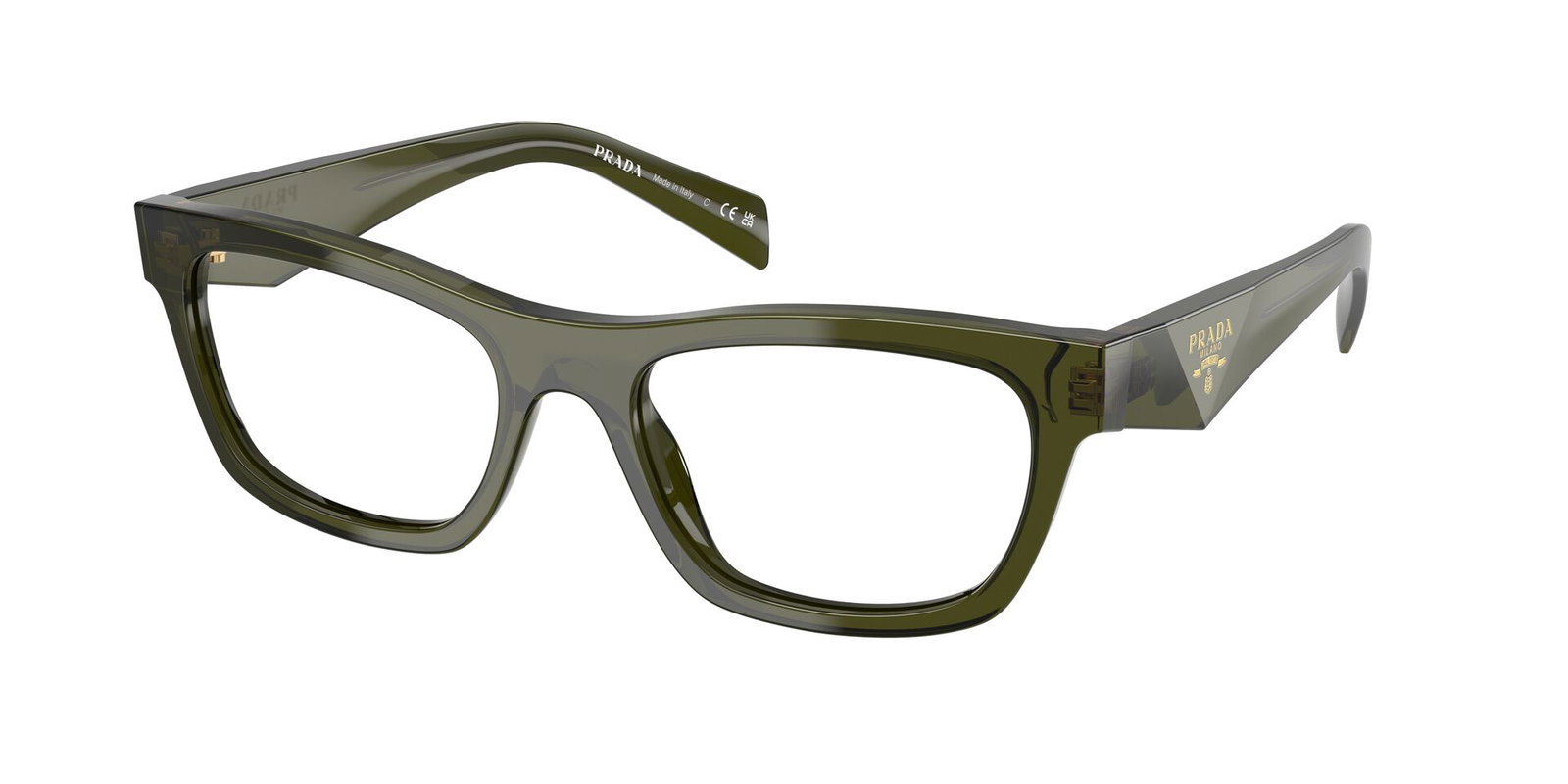 Das Bild zeigt die Prada Brille B01V in Transparent bottle leicht schräg von der Seite.